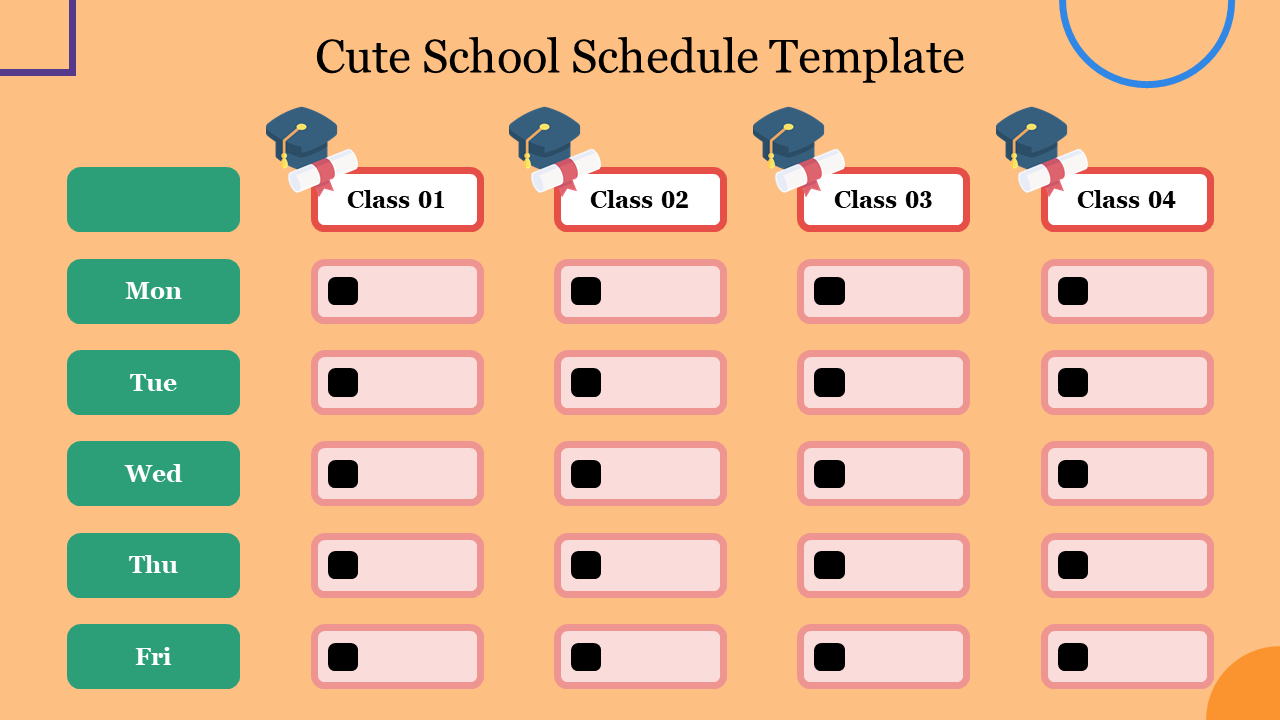 A colorful school schedule template featuring designated class slots for each day of the week, adorned with graduation caps.