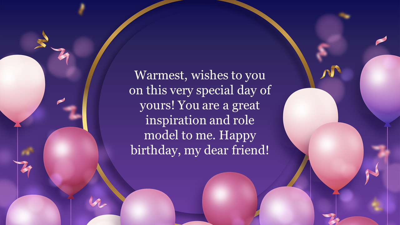 Birthday card with a central message, surrounded by pink and purple balloons and confetti, set on a dark blue background.