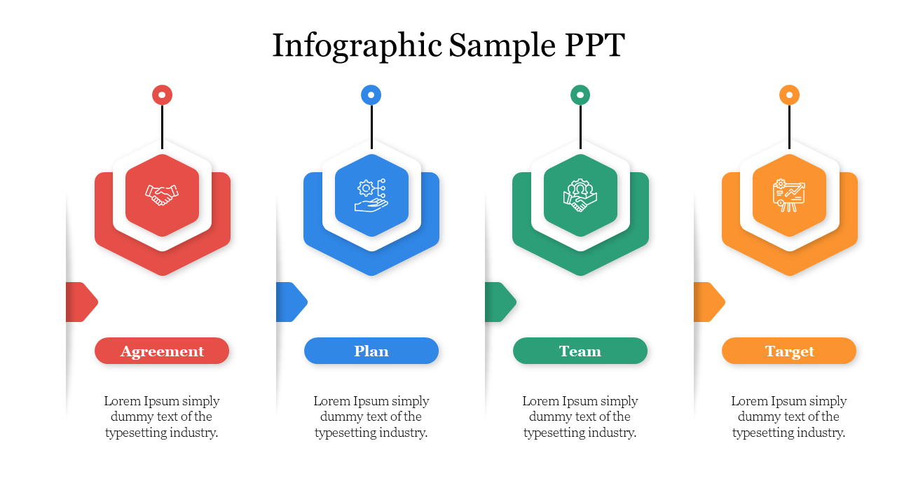 Infographic slide featuring four sections labeled agreement, to target each with icons.