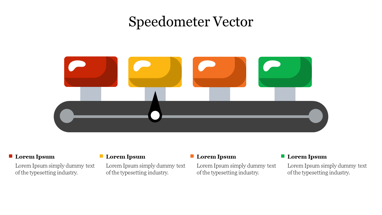 Vector illustration of a speedometer with colored section on a conveyor belt with placeholder text.