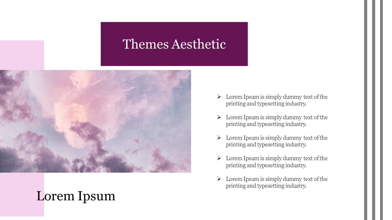 Aesthetic design with a soft sky image and a purple header, featuring a list of bulleted text on the right side.