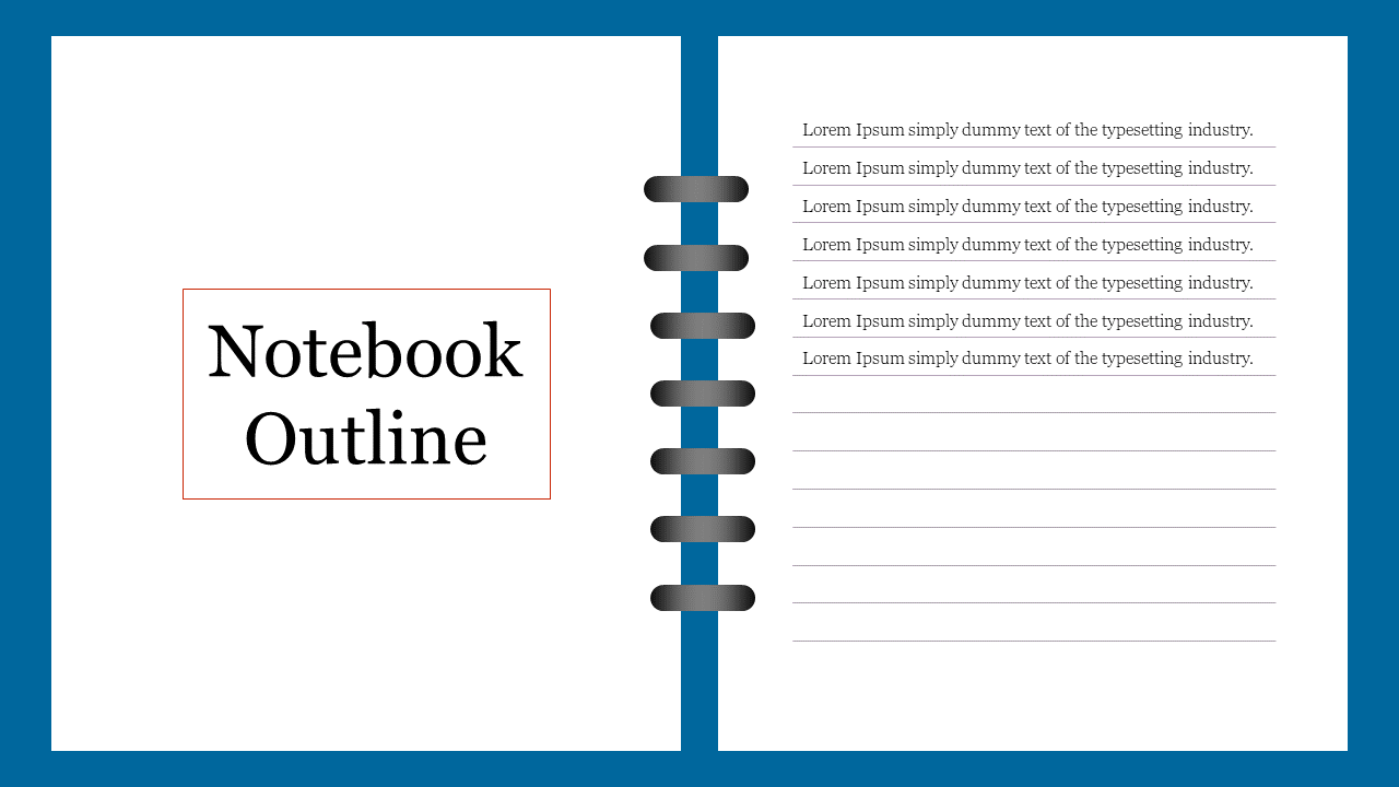 Slide featuring an open notebook outline with a blue border and a white page with text lines for note taking.