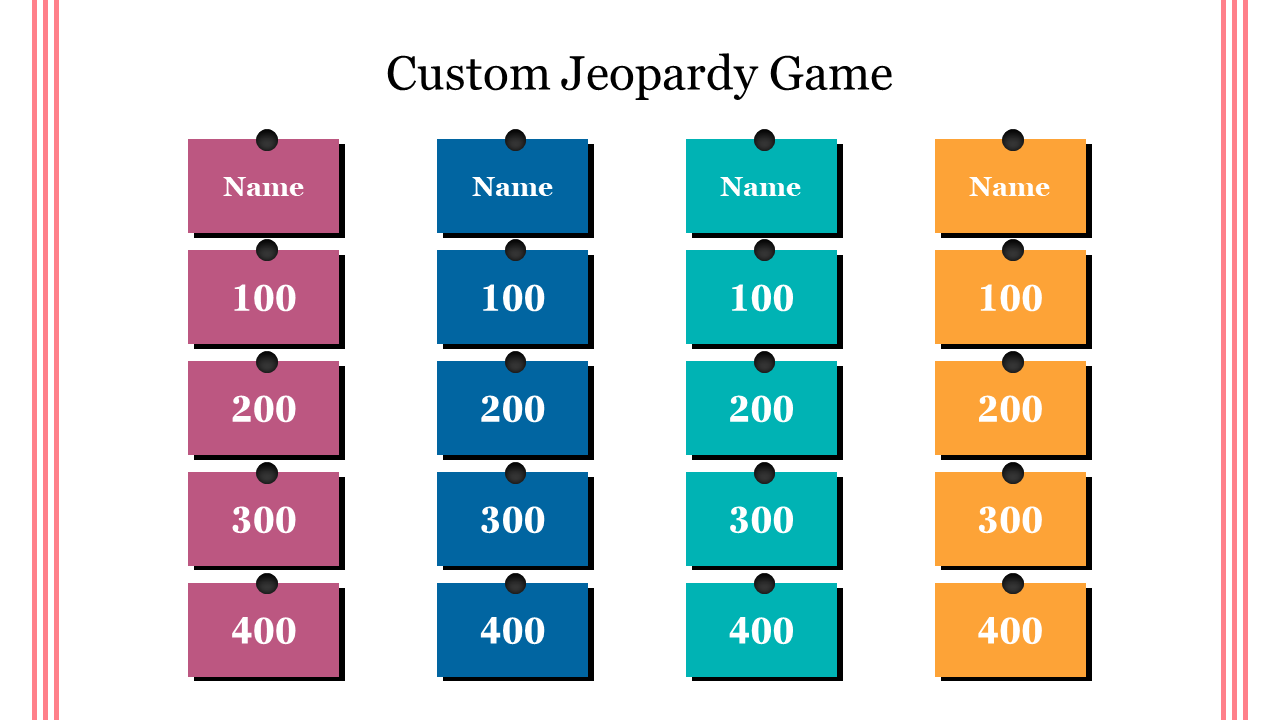 Colorful jeopardy game template, highlighting different categories and corresponding score values for player engagement.