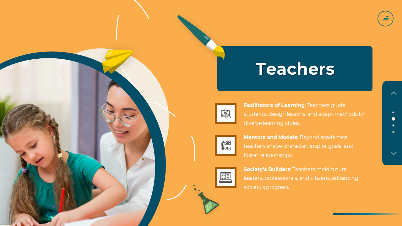 Slide showcasing a teacher assisting a young student with icons highlighting teaching roles like guidance and mentorship.