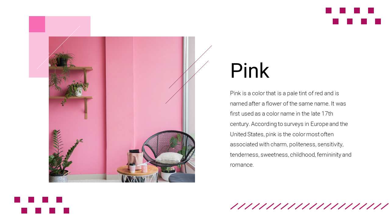 Slide with a pink background featuring a room interior with plants and a chair, with geometric shapes on the edges.