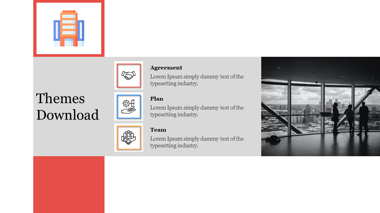 Slide showing office workers against a city view and three colorful square icons in red, blue, and yellow.