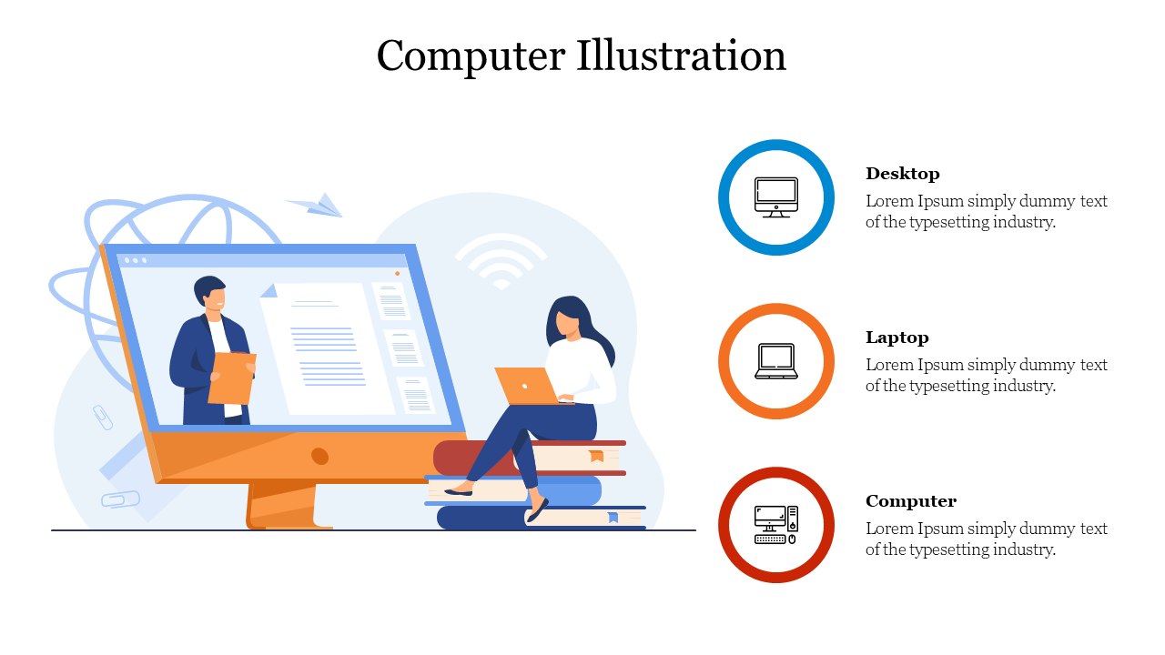 Computer illustration slide with icons for desktop, laptop, and computer, showing a person interacting with digital content.