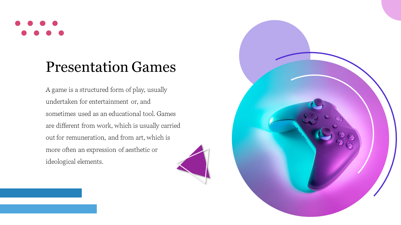 Slide with a game controller image surrounded by vibrant circular shapes in purple and teal, and text on the left.