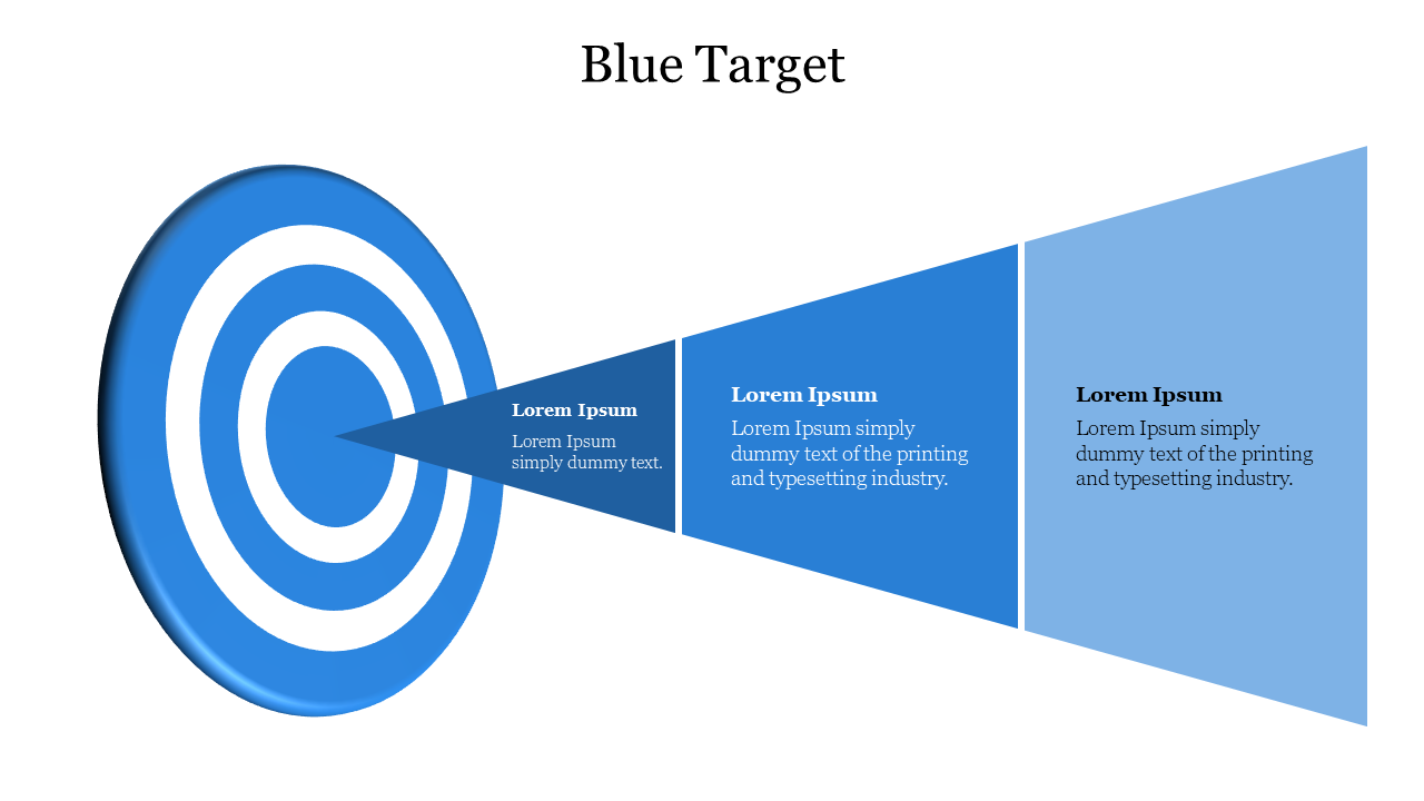 Blue target on left with three expanding blue triangles containing text, transitioning from dark to light.