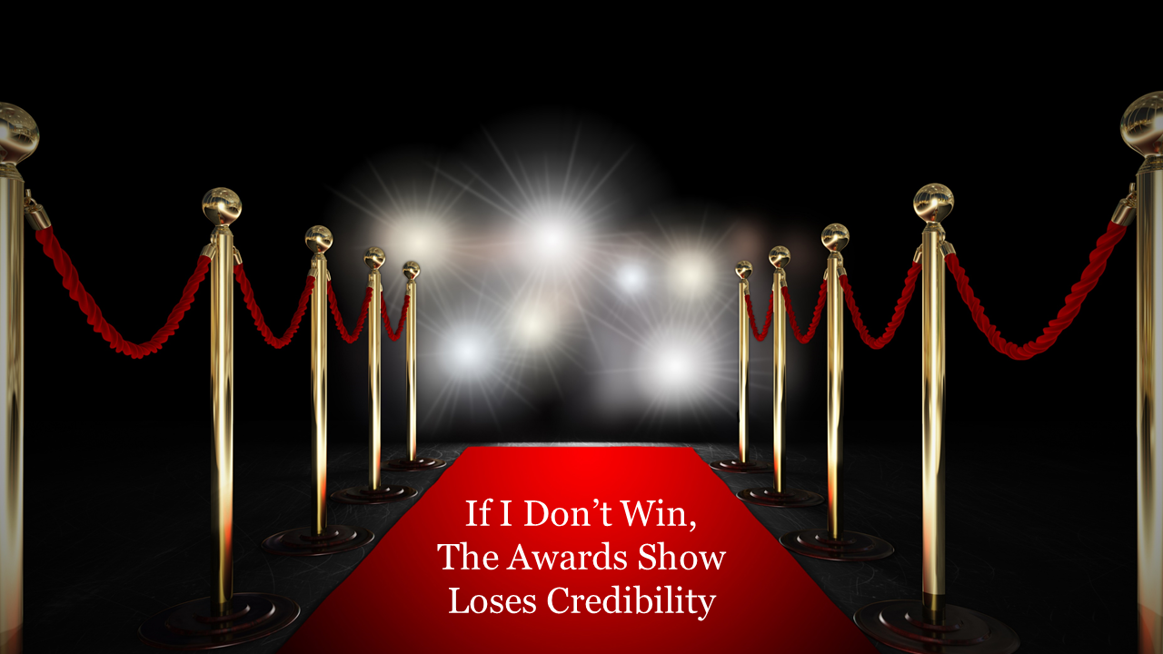 Red carpet and velvet ropes with bright spotlight background, featuring a humorous quote about awards shows.