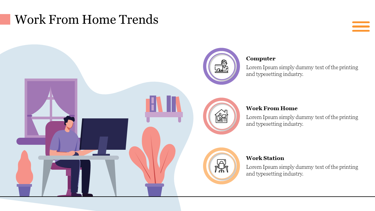 Slide illustrating a person working at a desk in a home office setup, with a computer and plants with icons and text.