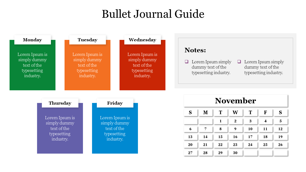 Bullet journal guide layout slide featuring a weekly planner and colorful notes section for organizing tasks and reminders.