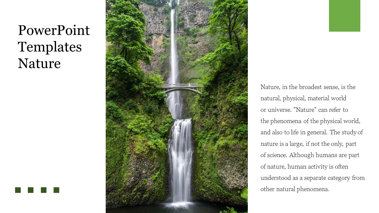 A waterfall flowing through lush greenery with a small bridge in the background, framed by a white text area.