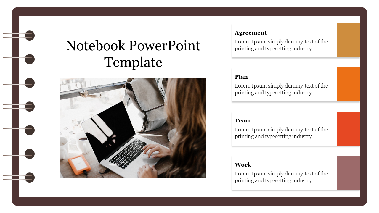 Notebook style slide featuring a person working on a laptop, with sections for agreement, plan, team, and work on the right.