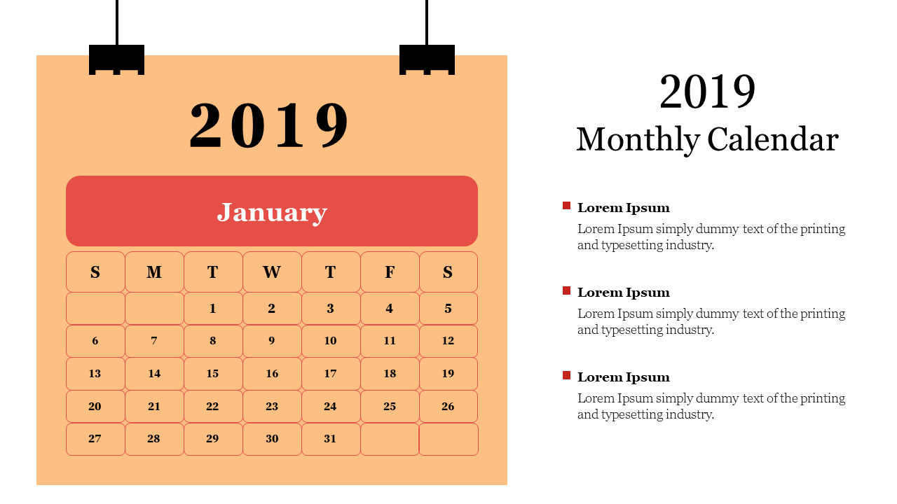 Monthly calendar for January 2019 with a simple design, using an orange background and red accents, hanging from hooks.