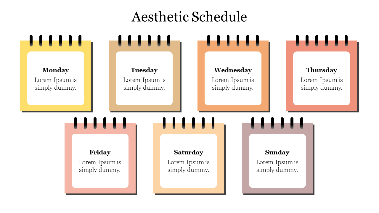 A colorful weekly schedule featuring notepad designs for each day, labeled from monday to sunday with placeholder text.