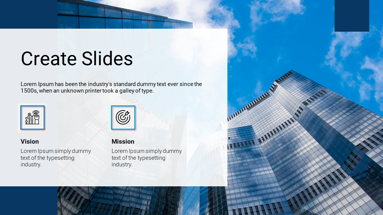 Corporate slide with a blue sky and glass buildings as the backdrop, featuring a white text box displaying text and icons.