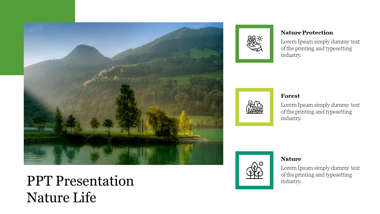 Nature-themed slide view of a lake and island surrounded by green mountains, set with three icons with placeholder text.