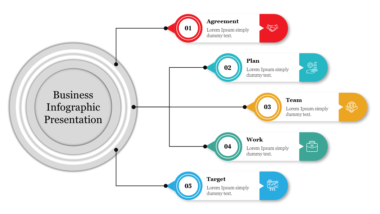 Business infographic slide with five colored steps connected by lines branching from a central circle with icons and caption.