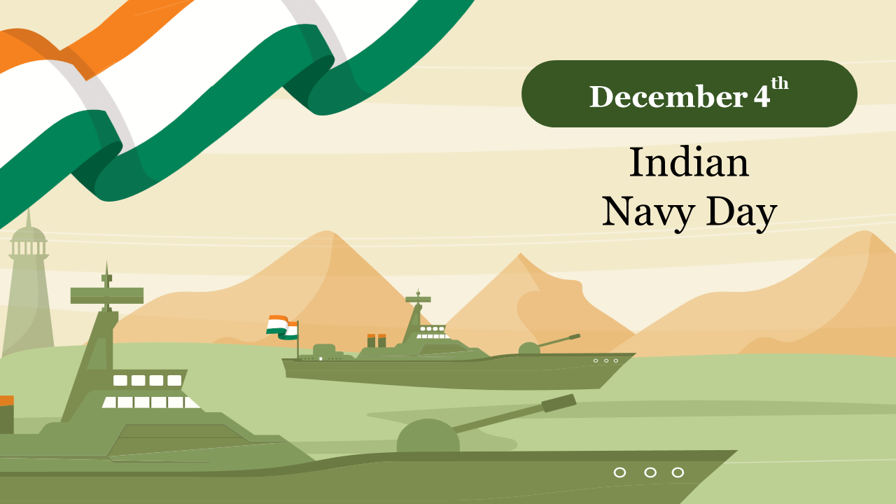 Green military ships in front of mountains with a waving national flag and a text banner on a beige background.