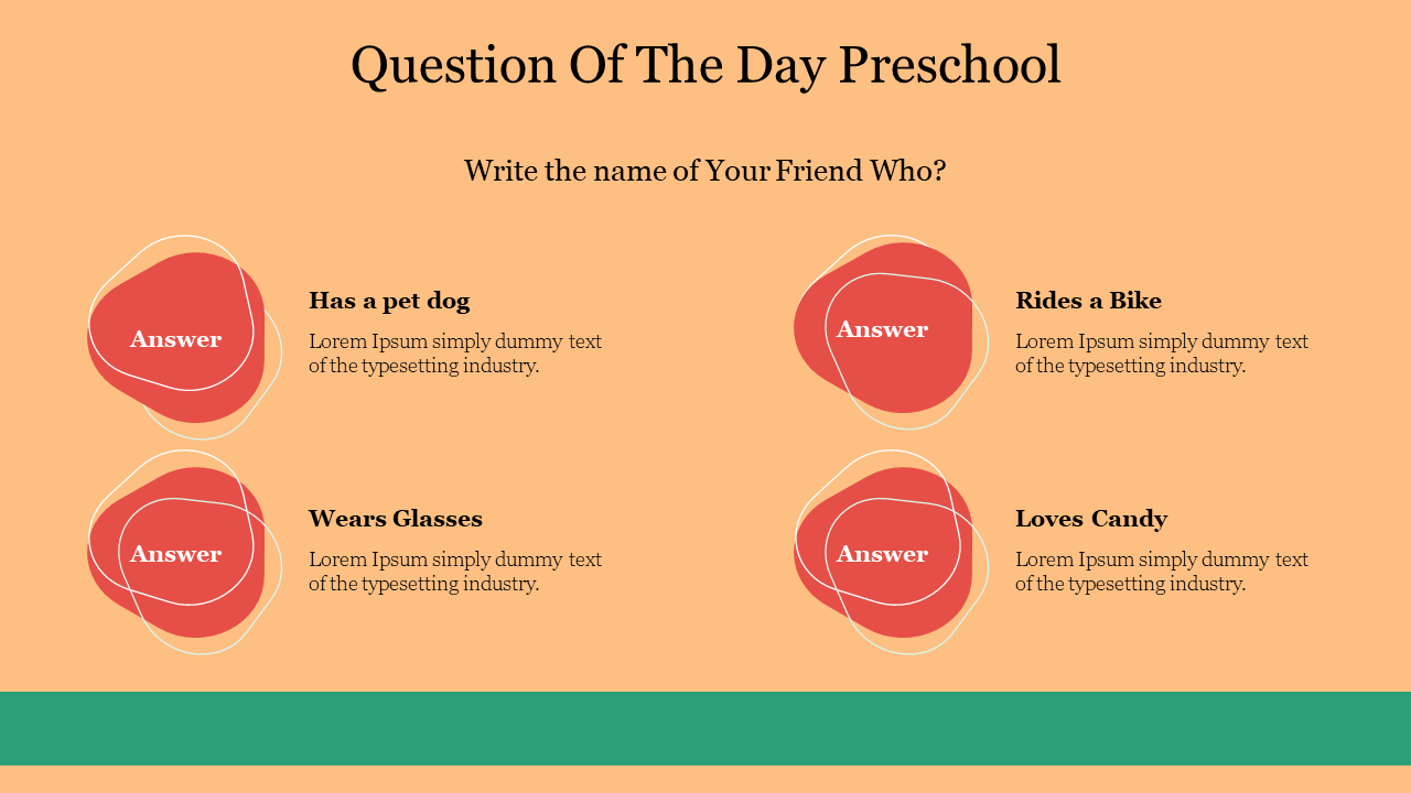 Preschool question slide asking for names of friends with different traits, with spaces for answers.