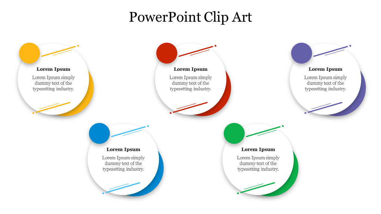 Five circular clip art designs in yellow, red, blue, green, and purple with placeholder text inside.