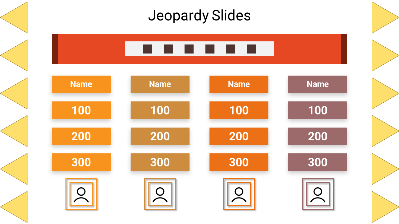 Jeopardy slide layout with four columns in yellow, beige, orange, and brown, each with points and icons at the bottom.