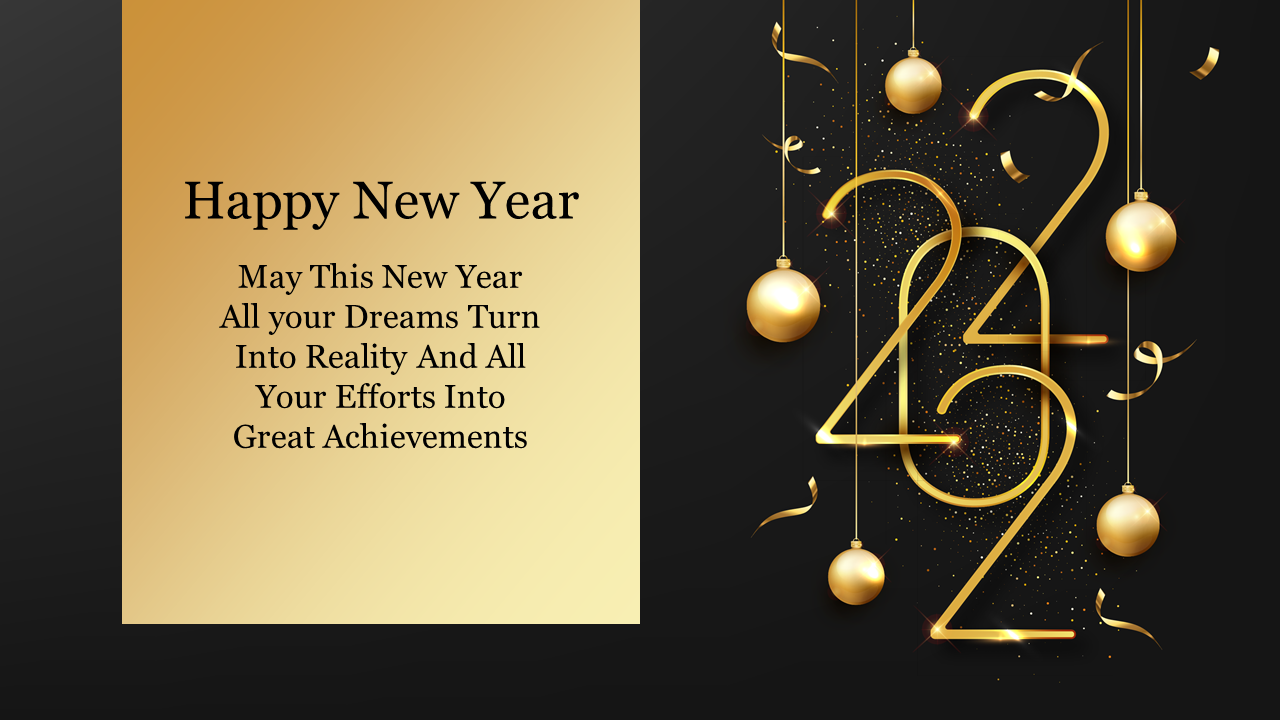 Happy new year message with a golden 2024 design and hanging ornaments on a black and gold background.