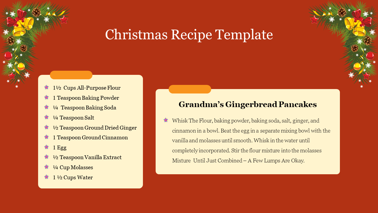 A Christmas recipe PPT template for gingerbread pancakes with festive decorations and a recipe list on a red backdrop.