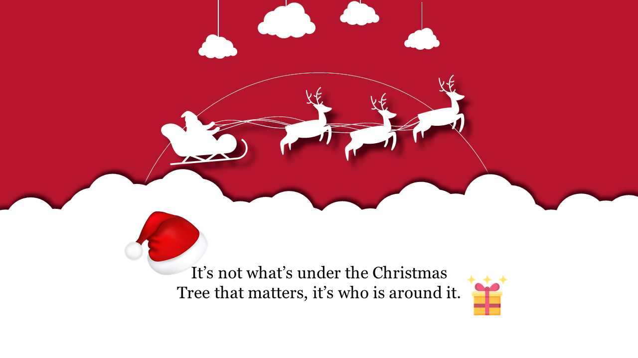 Silhouette of Santa’s sleigh and reindeer against a red background captioned with a christmas family quote.