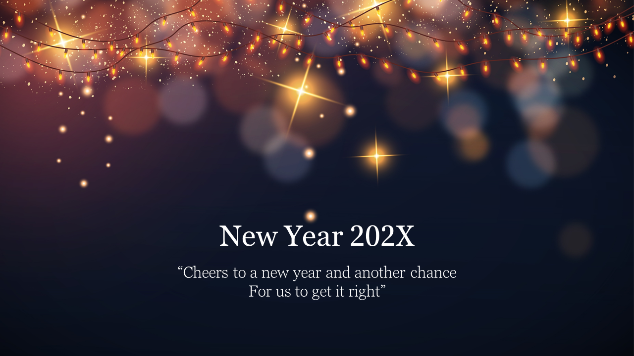 Festive new year slide with glowing string lights and bokeh effect, featuring text and a celebratory quote.