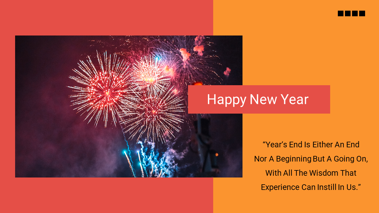 Fireworks bursting in the night sky with happy new year text and a quote on an orange and red background.