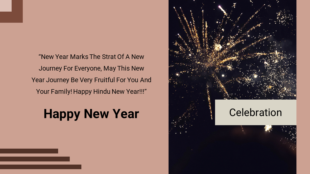 New year slide featuring a greeting text on the left beige section and vibrant fireworks lighting up the night sky.