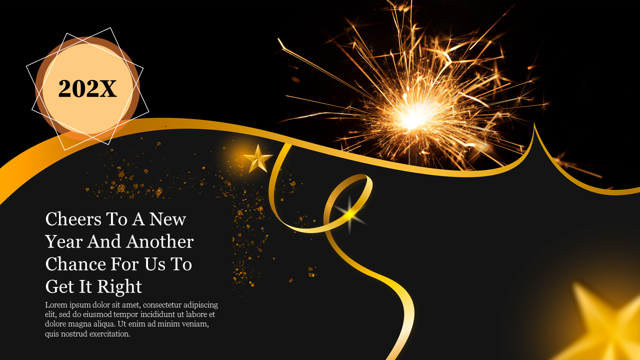 New Year slide with golden stars, a sparkling firework, and a ribbon, featuring a message, on a dark background.