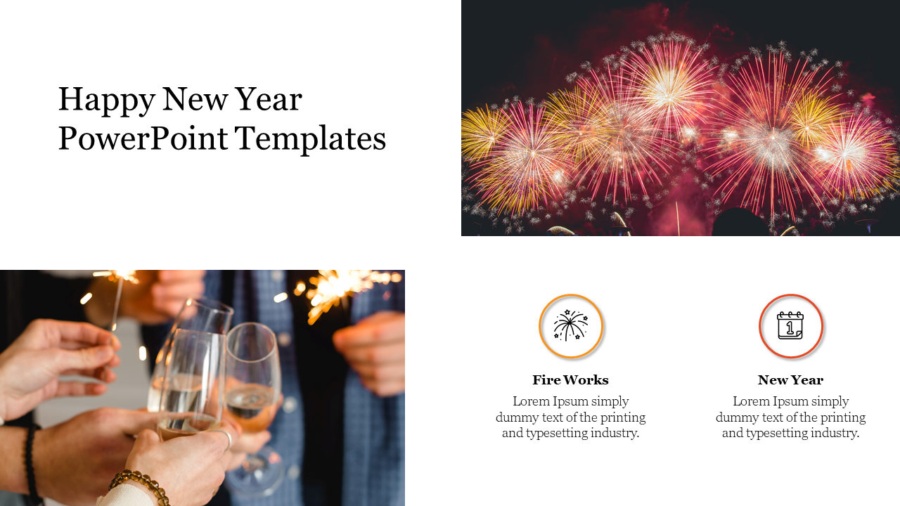 A Happy New Year PowerPoint slide featuring champagne glasses, fireworks, and festive icons with placeholder text.