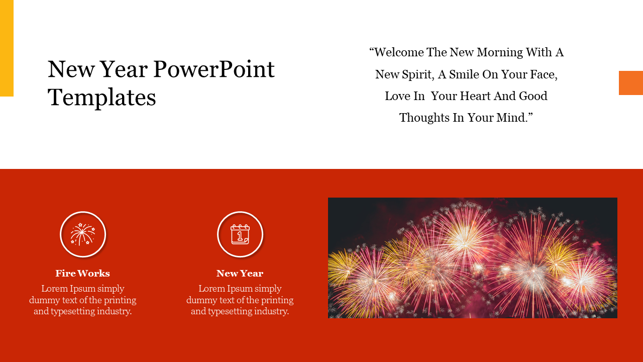 New Year template with a split white and red layout, decorative icons for fireworks and calendar, and a fireworks photo.