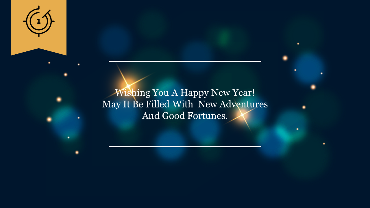 New year slide with a glowing blue and green bokeh effect, a gold banner at the corner, and a central white text.