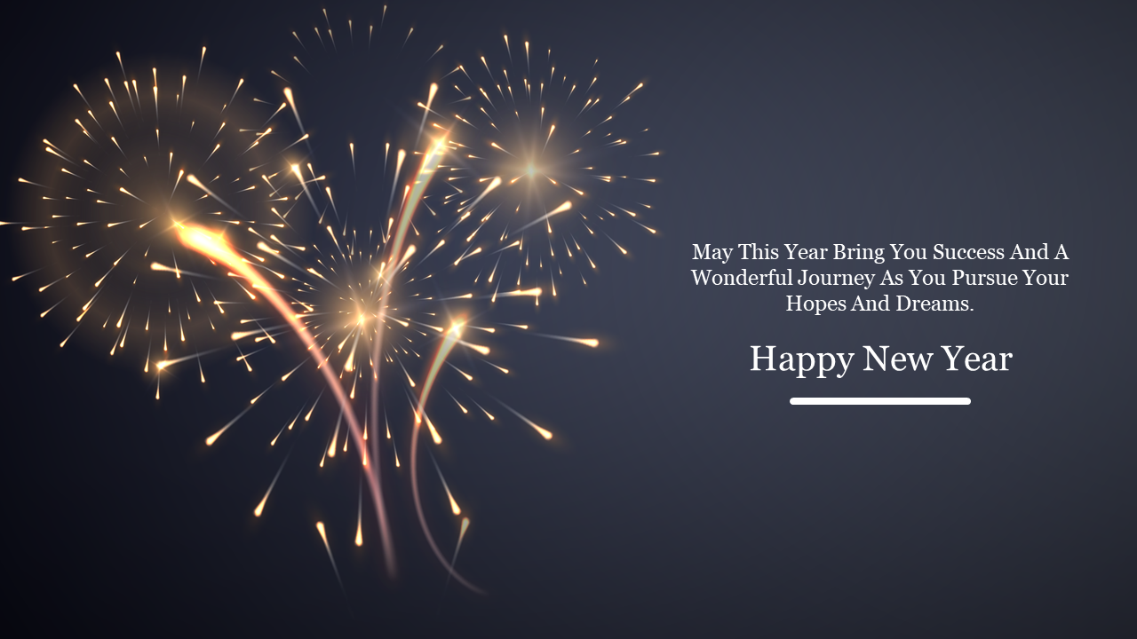 Golden fireworks illuminate on a dark backdrop with a new year greeting in white text on the right.