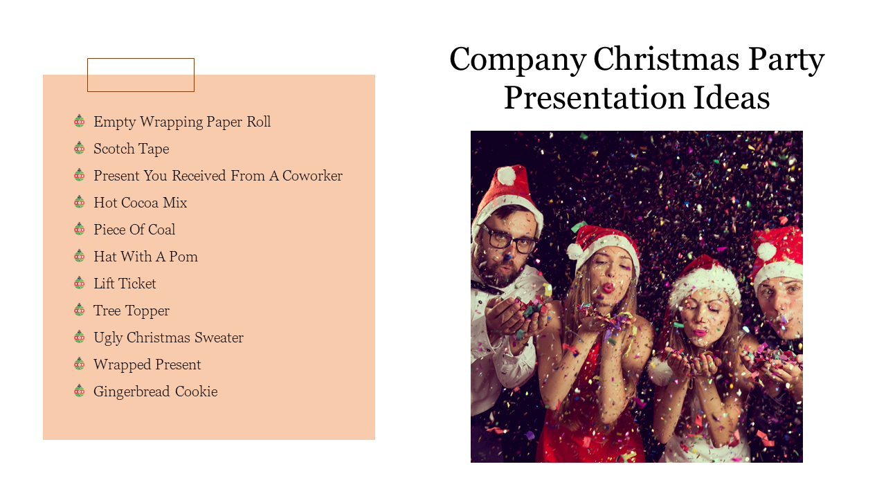 Company christmas party slide with a festive list of holiday items and a photo of coworkers celebrating in Santa hats.