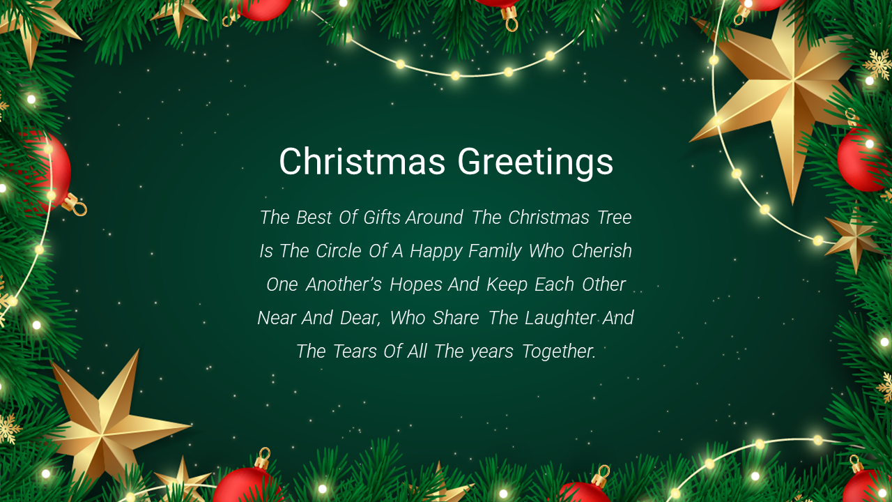 Christmas greeting card with a heartfelt family message surrounded by festive decorations on a green backdrop.