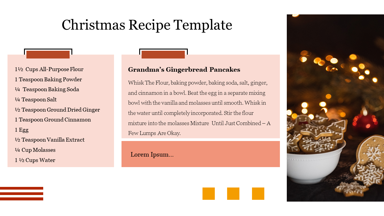 Christmas recipe template showcasing grandma’s gingerbread pancakes, listing ingredients and steps with string lights.