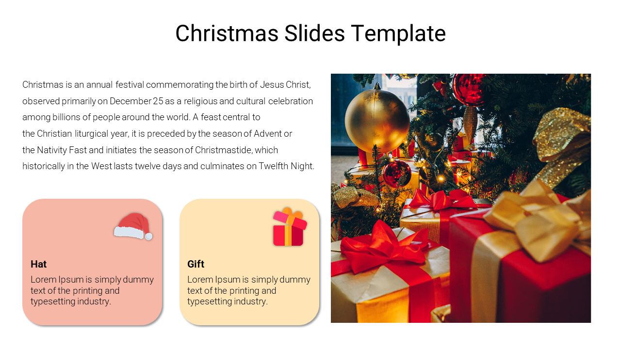 Christmas themed slide with a red and gold color scheme, featuring gift boxes and a tree with festive decorations.