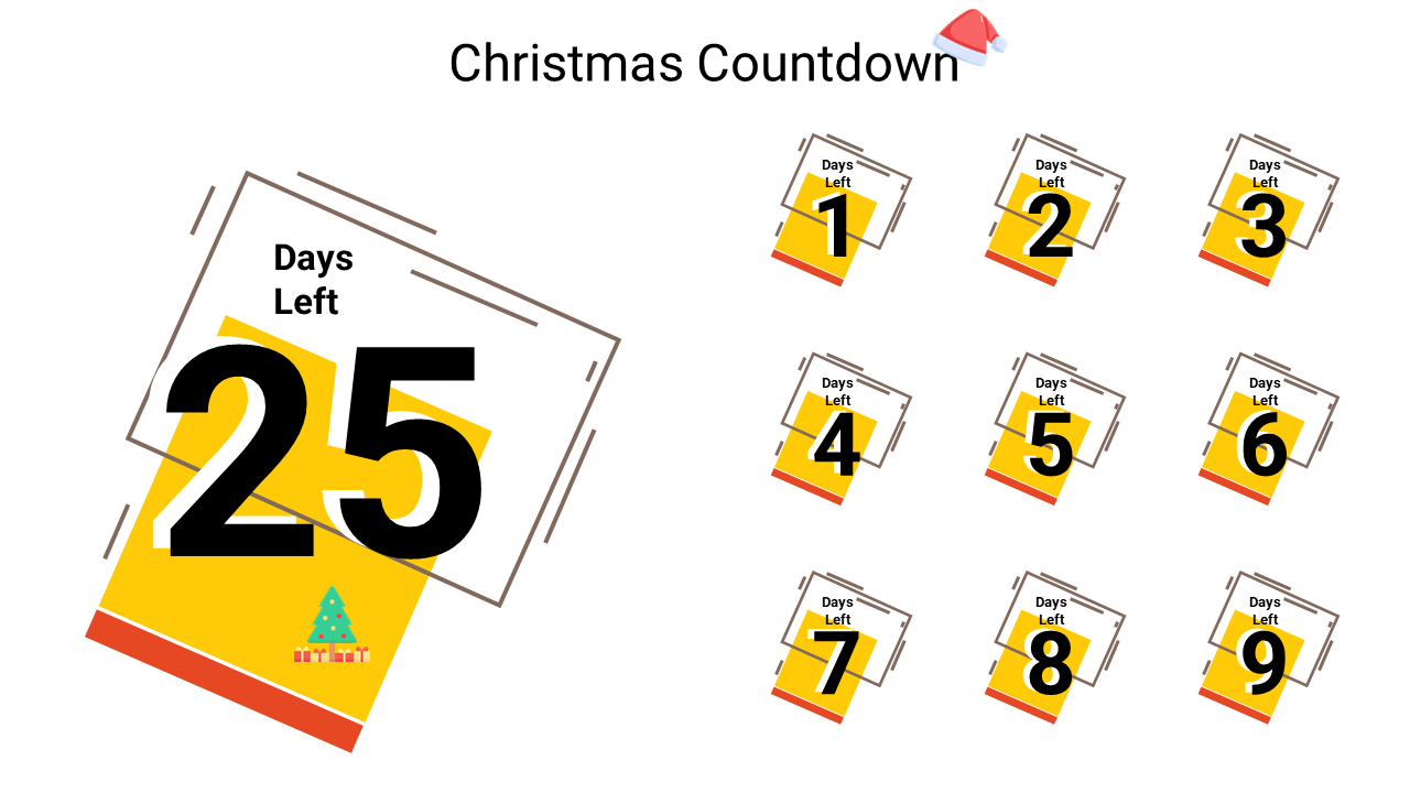 Christmas countdown slide with a large yellow calendar box with number 25 and smaller numbered days 1 to 9 on the right.