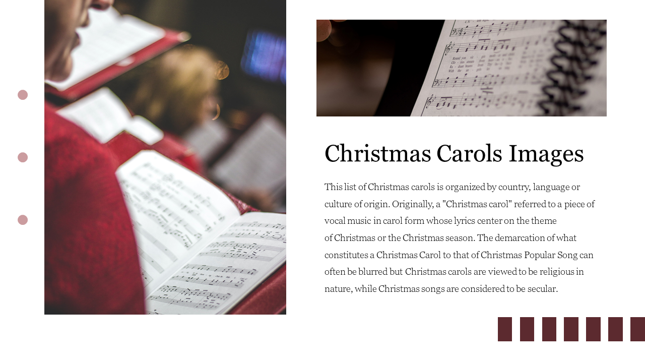 Christmas carols slide with singers holding song sheets, featuring text on carol origins and religious significance.