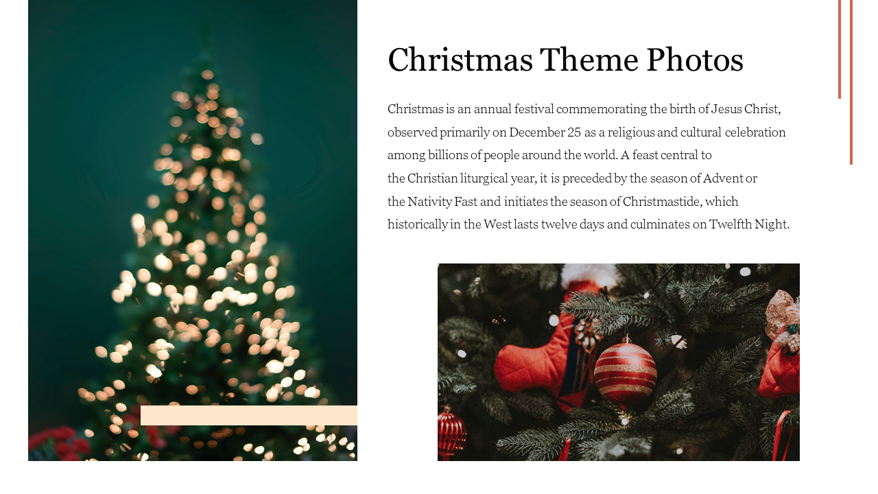 A photo of a Christmas tree with lights and decorations, paired with a description of traditions on a white backdrop.