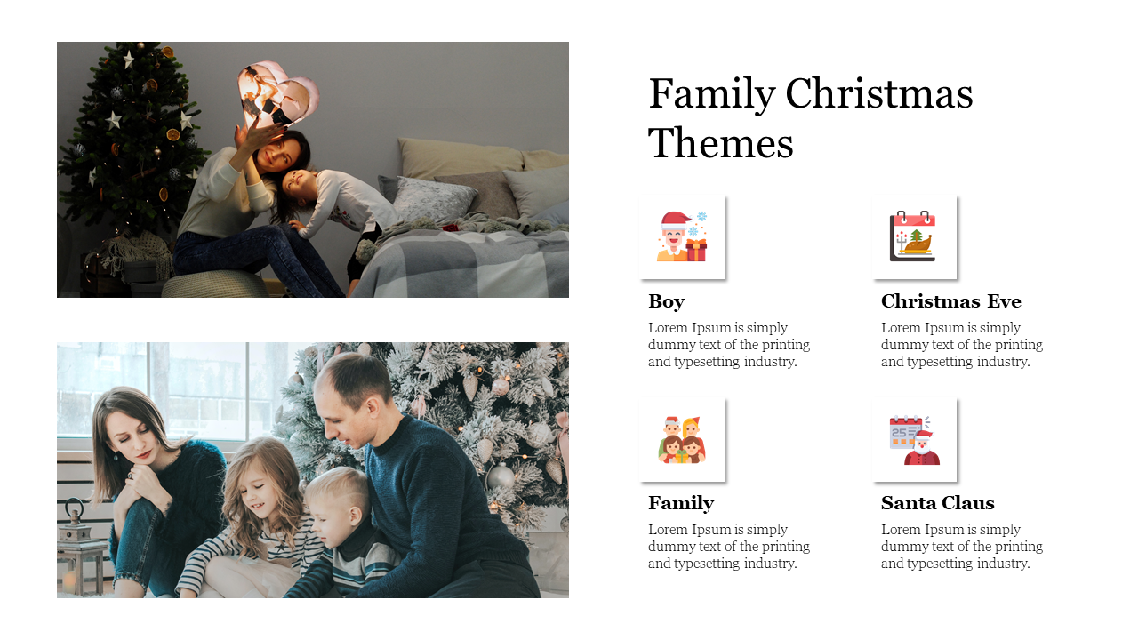 Slide with two family photos and four Christmas themed icons with descriptions on the right.