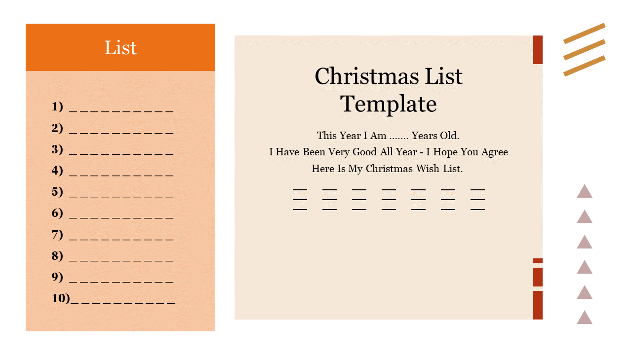 Christmas slide featuring an orange sidebar, with ten lines for a wish list, and a playful message with geometric accents.