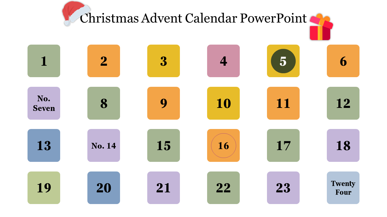 A colorful advent calendar layout for Christmas, featuring numbered squares representing each day leading up to the holiday.