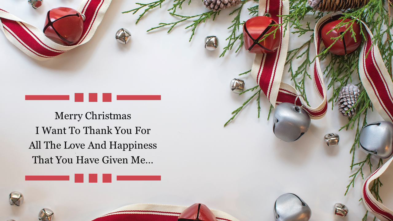 Christmas background with red and silver bells, green pine branches, and red striped ribbons on a white surface.