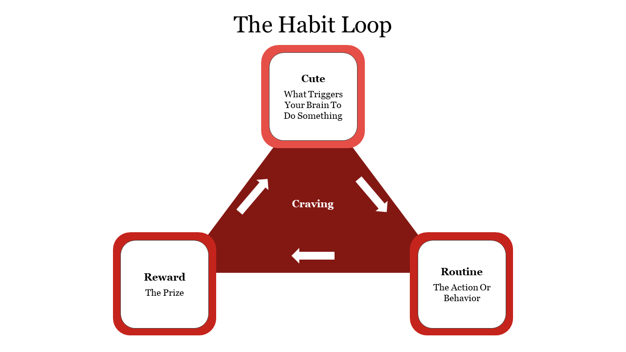 Triangle diagram with three labeled sections connected by arrows, representing stages of a habit loop.